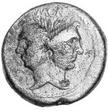 Moneta emessa da Pompeo in cui appare sotto le sembianze di Giano