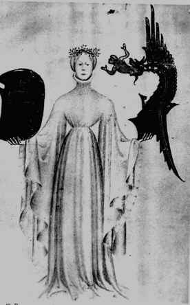 Dama con stemmi viscontei dal manoscritto "De Natura Deorum" di Cicerone (ms Lat 6340, c. 11v) alla Biblioteca Nazionale Francese