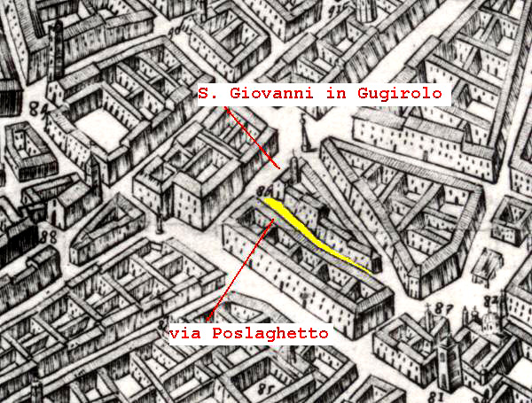 La via Poslaghetto e S. Giovanni in Gugirolo in una veduta del 1630