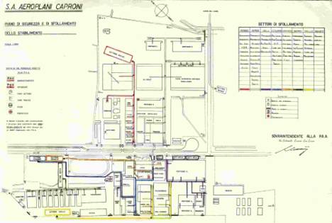 Mappa del complesso Caproni a Taliedo, riportata in un piano di sfollamento databile verso il 1943