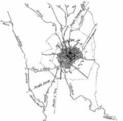 Fig. 2 - Idrografia in epoca romana (da F. Poggi, Le fognature di Milano)