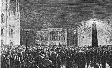 Prima dimostrazione di illuminazione elettrica con lampada ad arco (1877)