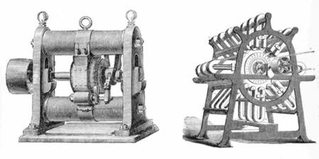 Dinamo di Gramme (1870, a sinistra) a confronto con la macchina magneto-elettrica di Nollet (1855)
