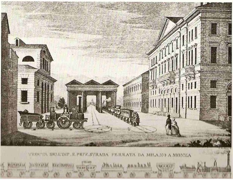 Stazione, tettoie e piattaforme girevoli di manovra, della ferrovia Milano-Monza (1840)