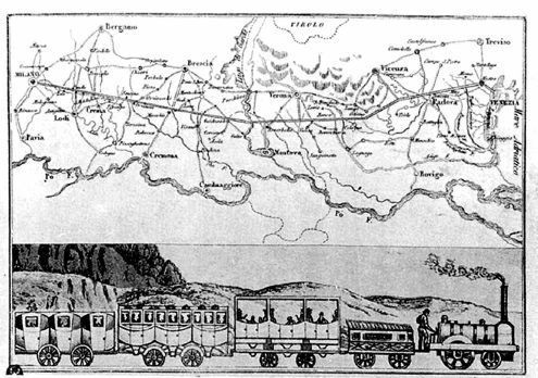 Percorso diretto e convoglio della prima ferrovia Milano-Venezia (1846)