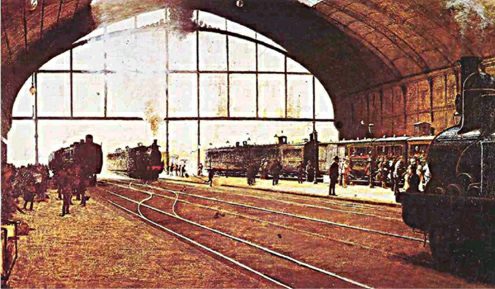 La tettoia della prima Stazione Centrale, in un dipinto di Angelo Morbelli (1889)