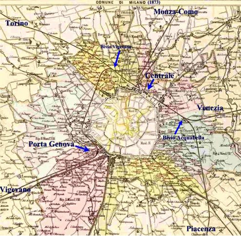 Le linee ferroviarie e le due stazioni di Milano (Centrale e Porta Genova) nel 1873