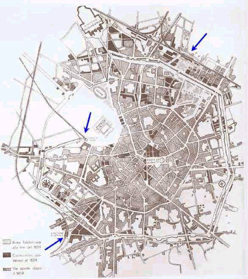Penetrazione delle Ferrovie Nord nel tessuto urbano (indicate anche le posizioni delle stazioni Centrale e di Porta Genova) (1879)