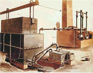 Forno di distillazione del carbone (a dx), gasometro e depuratore del gas (a sx), in una illustrazione del trattato di Accum del 1817