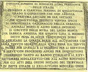 Lapide proibitoria (vietato lo scarico) affissa a Roma, datata 1741