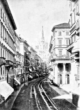 Corso Vittorio Emanuele verso il 1865: doppi trottatoi e marciapiedi in granito
