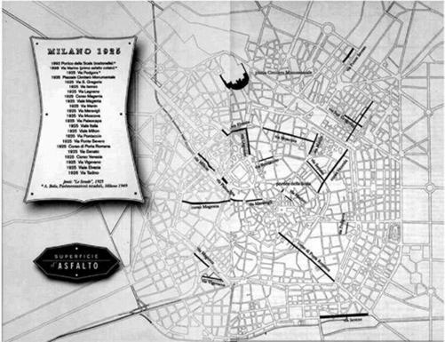 Mappa delle strade asfaltate a Milano nel 1925