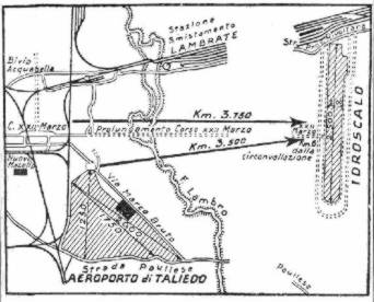 La posizione dell’Idroscalo rispetto all’Aeroporto di Taliedo, nel progetto Utili del 1927 (via Marco Bruto corrisponde all’incirca all’attuale via Mecenate)