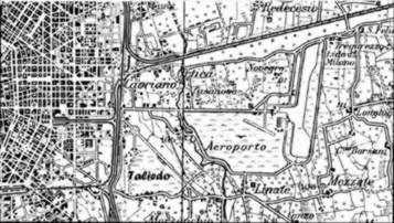 L’area occupata dal primo aeroporto di Linate. E' indicato l’orientamento della pista originale (1937)